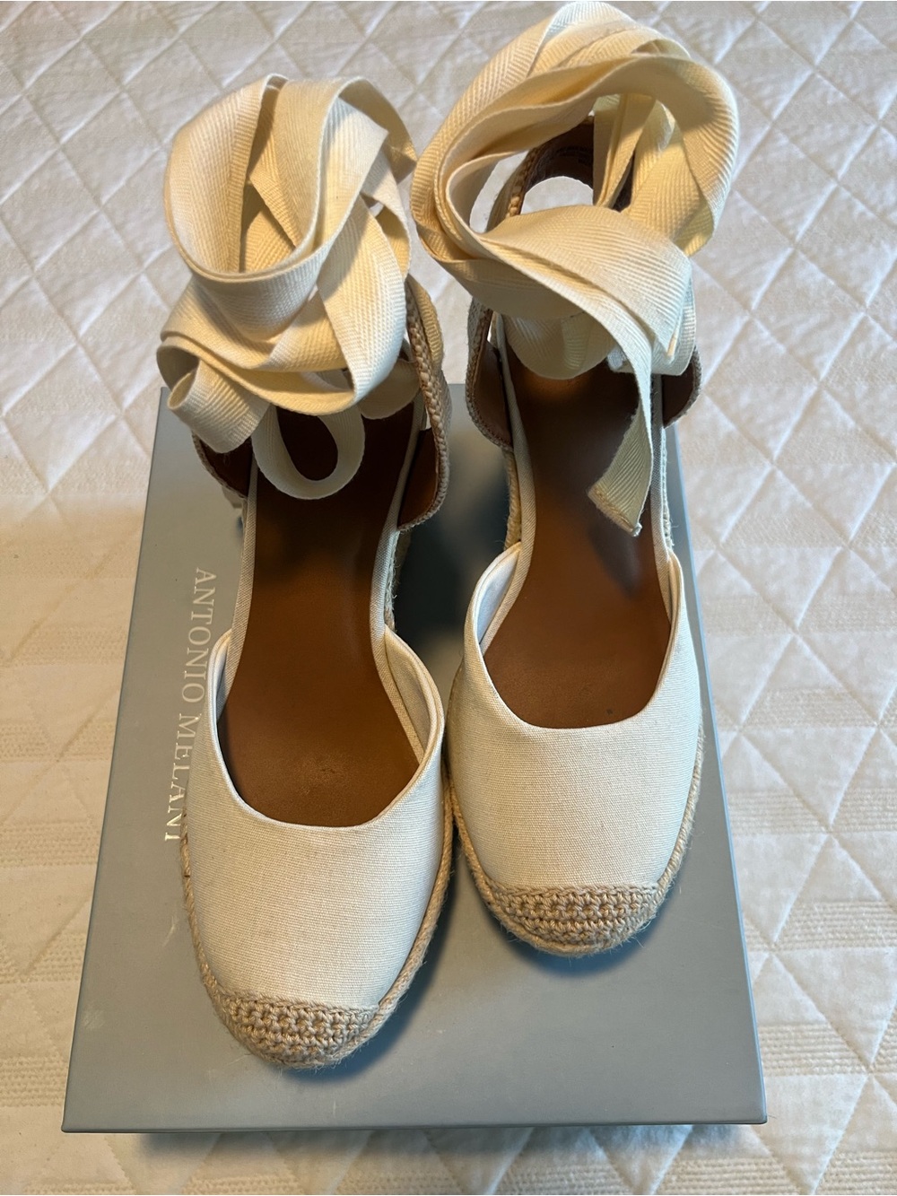 ANTONIO MELANI Cream Canvas Espadrille Wedge with Ankle Wrap